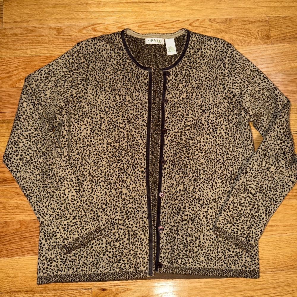 Orvis Women's Wool Blend Animal Print Cardigan Velvet Trim Heavy Knit Size M